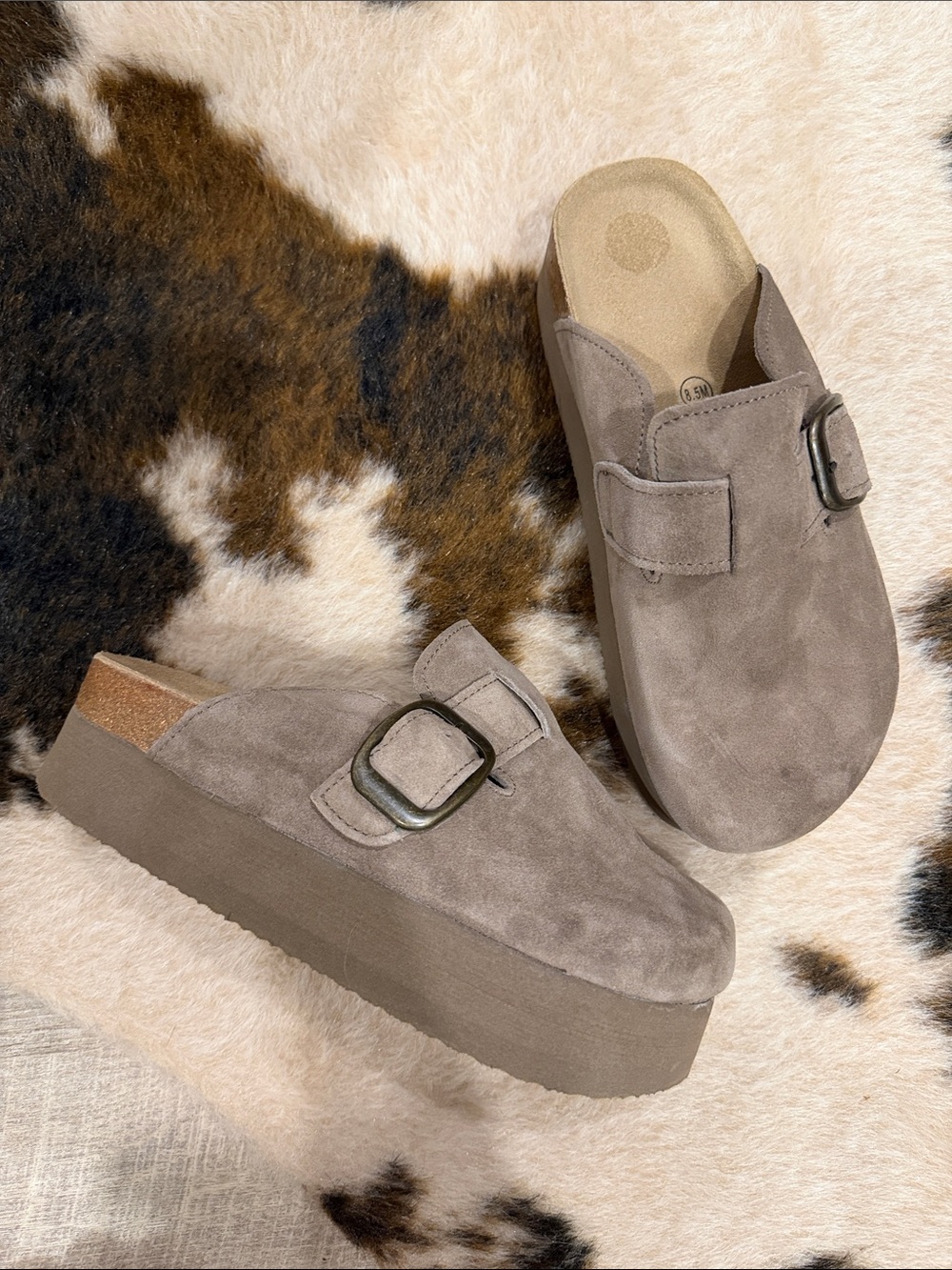 Taupe Suede Platform Clog Mule with Buckle